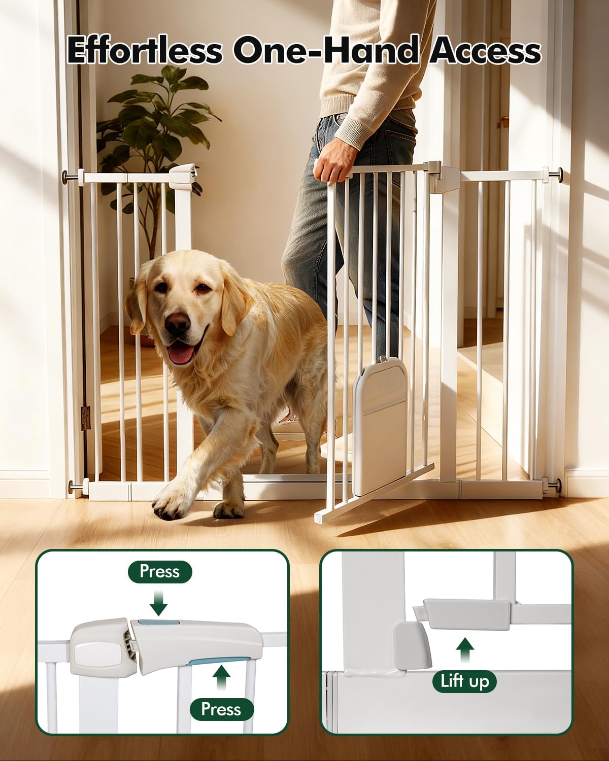Pet Gate with Adjustable Cat Door, 31–46 Inch Pressure Mounted Dog Gate for Doorways, Stairs and Hallways, Auto Close Walk Through Metal Safety Gate, Easy Install, White