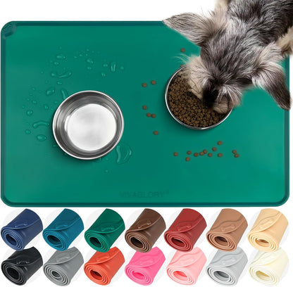 VIVAGLORY Dog Food Mat Flexmat Dog Bowl Mat, Placemat Food Tray with Raised Edges & Lip for Indoor Floor, Non Slip Waterproof Silicone Dish Placemat for Cat & Pet, S, Grey
