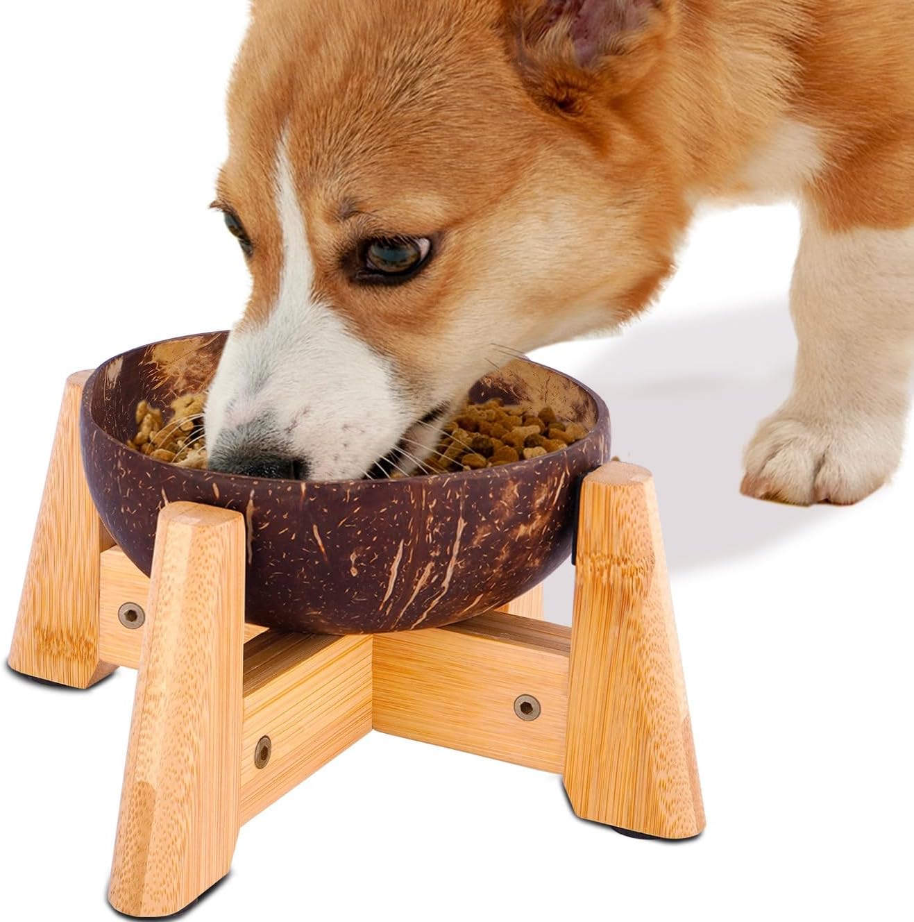 Elevated Slow Feeder Dog Bowls Large Breed - (12-inch-high) - Raised Bowl with Anti-Choking Insert - Stainless Metal and Bamboo