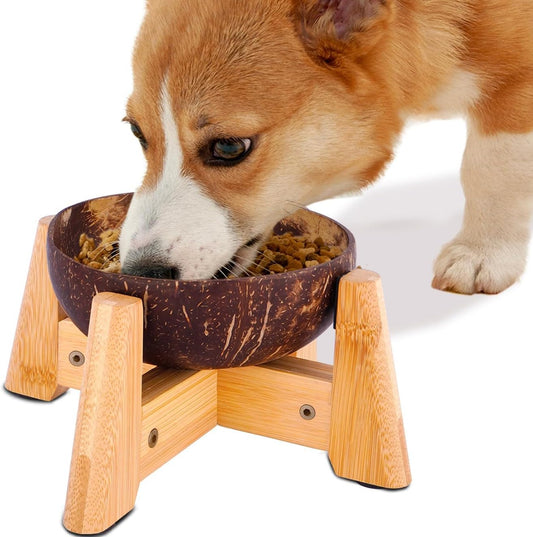 Elevated Slow Feeder Dog Bowls Large Breed - (12-inch-high) - Raised Bowl with Anti-Choking Insert - Stainless Metal and Bamboo