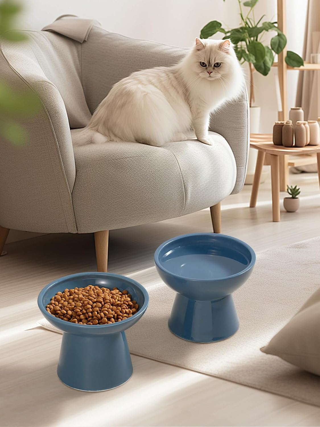 LoeJan Elevated Cat Food and Water Bowls Set, Extra Wide and Raised Ceramic Bowls, Anti-Vomit Whisker-Free Pressure Cat Feeder for Kittens to Adult Cats and Small Dogs (White, Water Bowl)