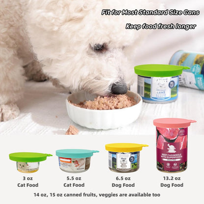 2 Packs Dog Food Can Lids, Inner rings 2.6”/3”/3.4” Fits 3-15oz Standard Cans/Tins, Multi-Size cat food can lid, Silicone Can Covers for dog food cans, BPA Free, Reusable(Green/Cyan+1 spoon)