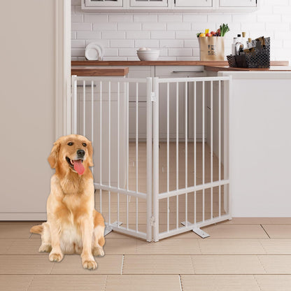 4 Panels Full Metal Freestanding Dog Gates with Door, 80” W x 32” H Folding Pet Gate Fence with Support Feet for Indoor,Stairs, Hallways and Doorways(Black)