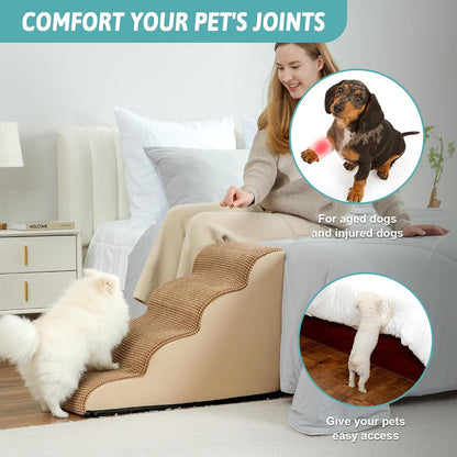 COZY KISS Dog Stairs for Small Dogs 15.7" H, Curved Dog Step for Puppy, Older Cat, Medium Pet Ramp for Sofa, Couch or Chair, Ladder with High Density Foam, 3 Step, 15.7x22.4x15.7 inch, Beige