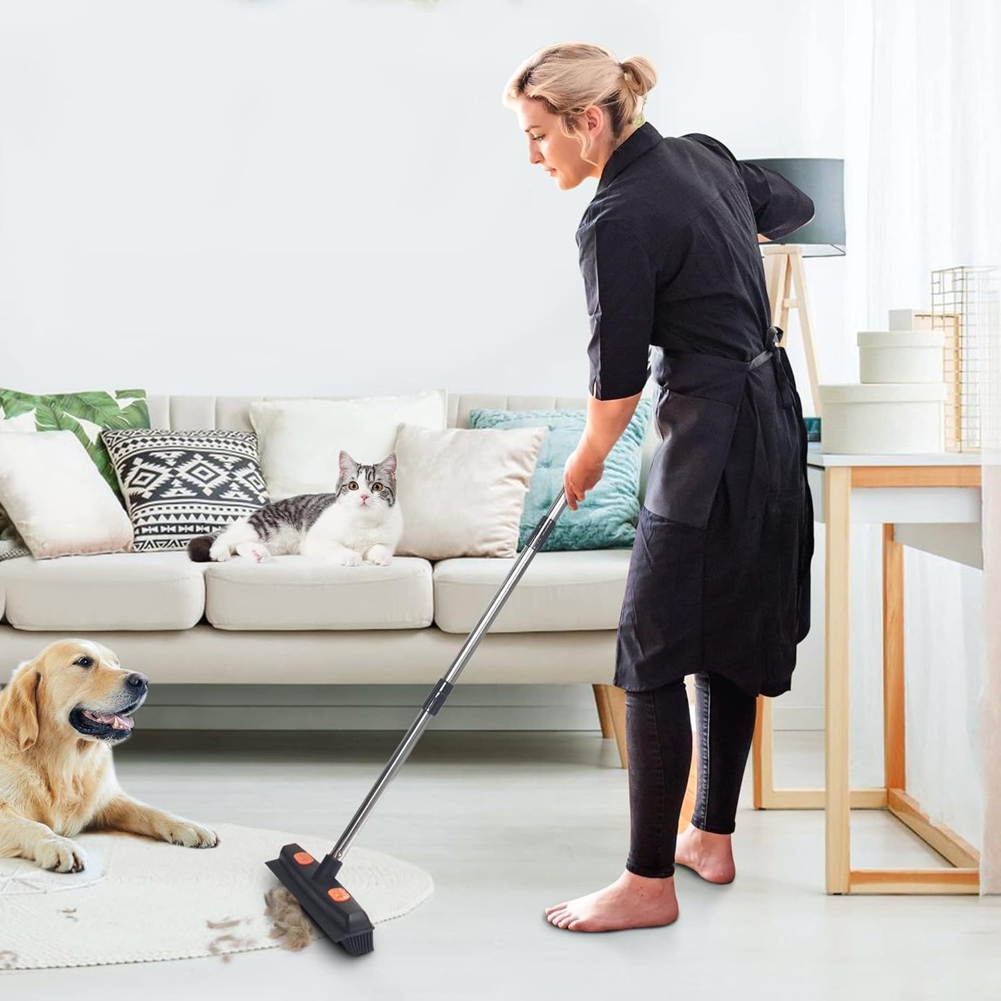 Rubber Broom and Pet Hair Removal Brush Set for Carpet, Fur Remover Broom with Squeegee for Wooden Floor, Detailing Lint Remover Brush for Pet Dog Cat Hair Car Interior
