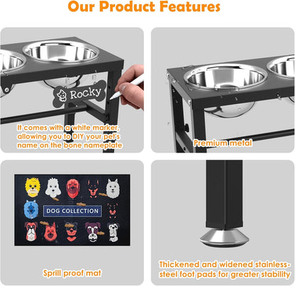 ADENGL Metal Raised Dog Bowl, 10" Tall Elevate Dog Feeder Stand with 2 Stainless Steel 42oz Bowls & 16x24 Non-Slip Mat – Stronger Dogs Food & Water Bowl Stand (Black)