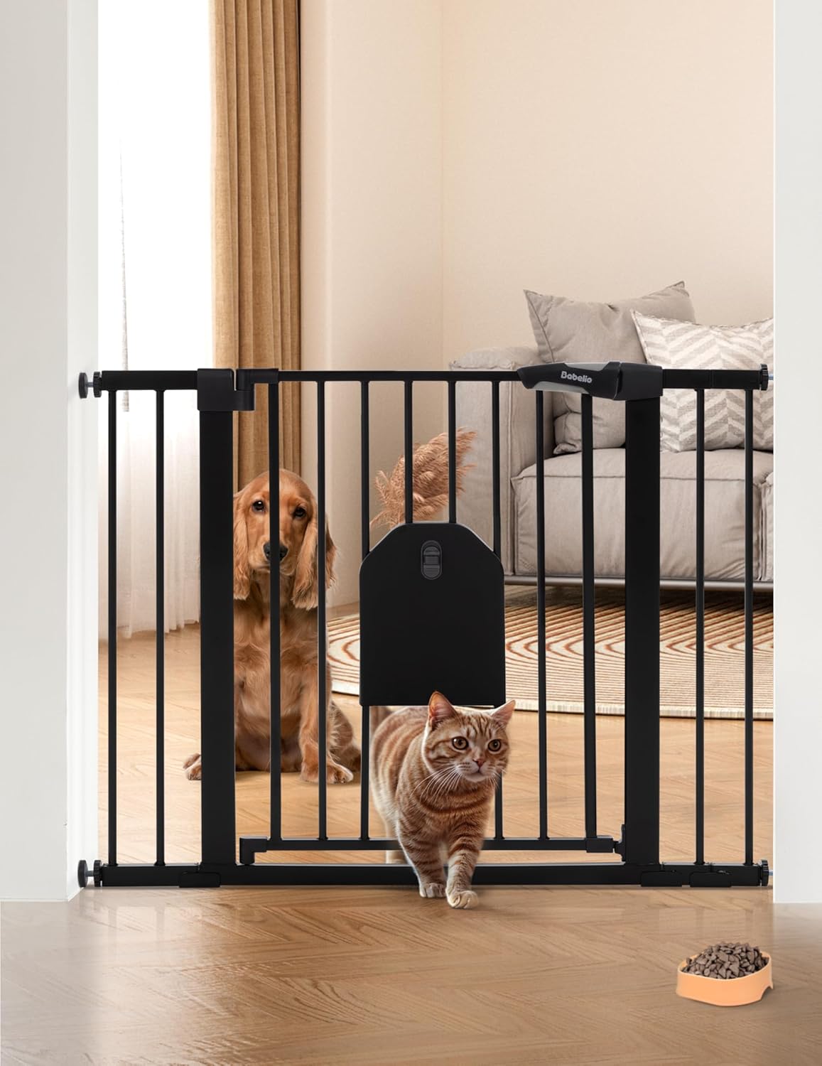 Babelio 36" Tall Auto Close Baby Gate with Small Cat Door, 29-43" Metal Cat Gate for Doorway, Stairs, House. Easy Walk Thru Dog Gate with pet Door, Includes 4 Wall Cups and 3 Extension Pieces, Black