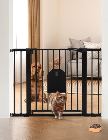 Babelio 36" Tall Auto Close Baby Gate with Small Cat Door, 29-43" Metal Cat Gate for Doorway, Stairs, House. Easy Walk Thru Dog Gate with pet Door, Includes 4 Wall Cups and 3 Extension Pieces, Black