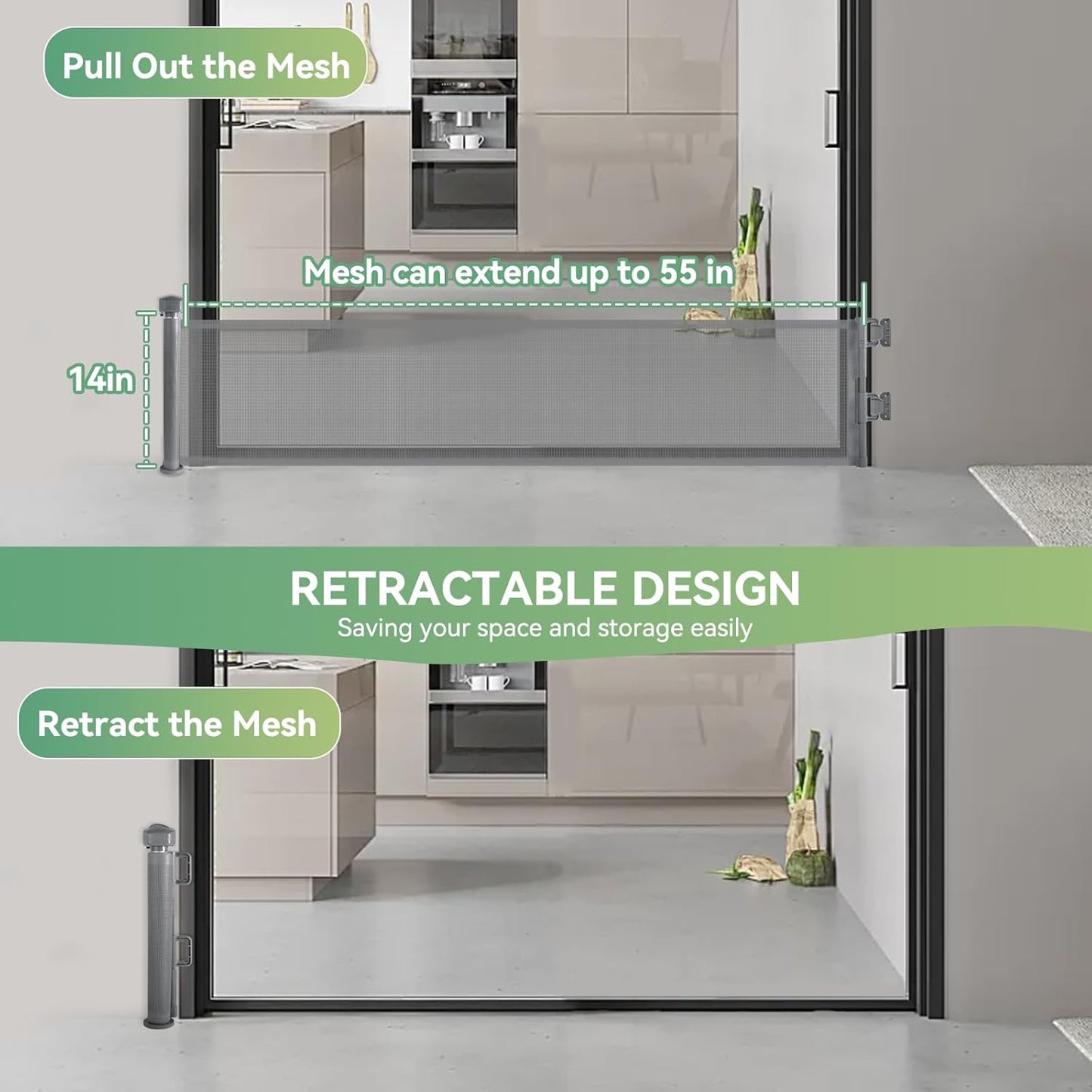 Short Dog Gate, 14" H Retractable Dog Gates, Mesh Retractable Step Over Pet Gates Puppy Gate, Extended up to 55" Wide for Stairs & Doorways Hallways - Drilling Required (Grey)
