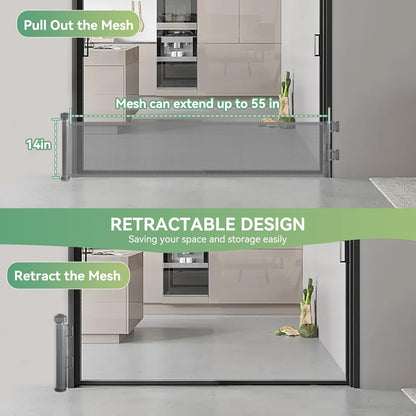 Short Dog Gate, 14" H Retractable Dog Gates, Mesh Retractable Step Over Pet Gates Puppy Gate, Extended up to 55" Wide for Stairs & Doorways Hallways - Drilling Required (Grey)