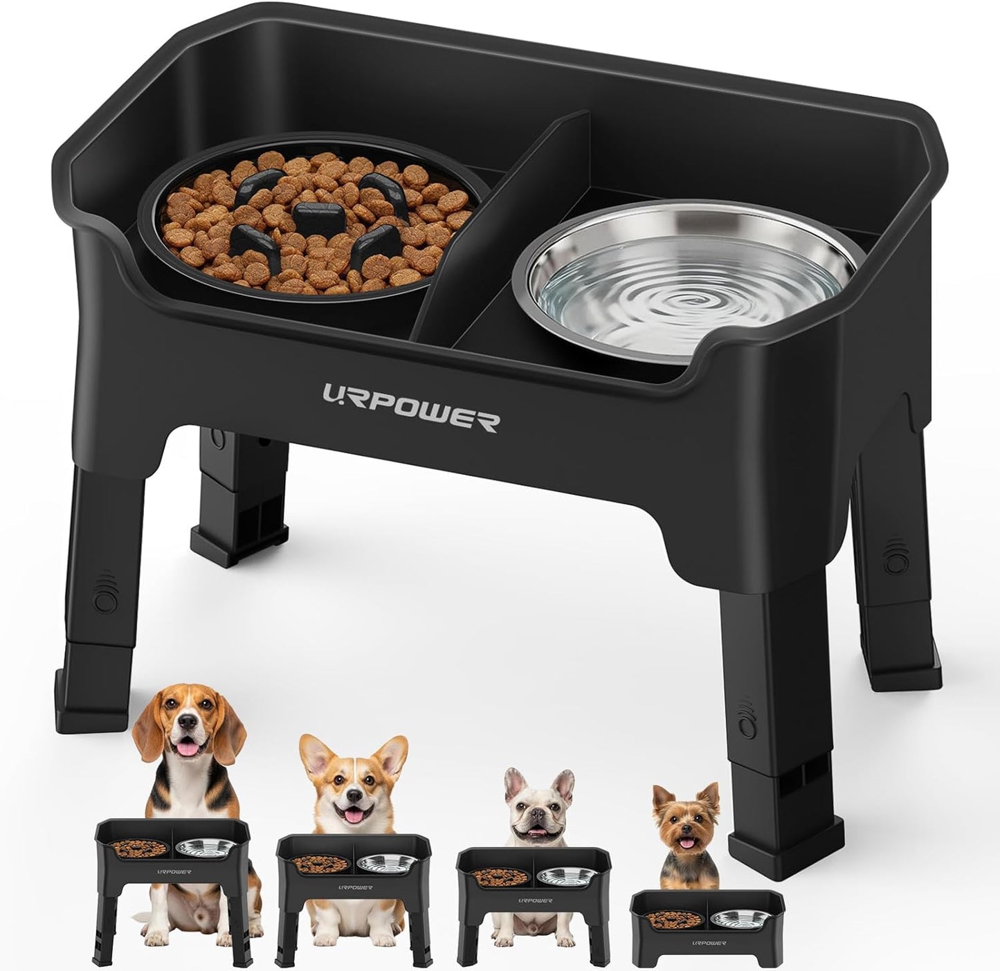 URPOWER 3-in-1 Elevated Dog Bowls - Mess Proof Double Deck 4 Height Adjustable Raised Stand with 2 Stainless Steel Food Bowls & Licking Plate for Small, Medium & Large Dogs