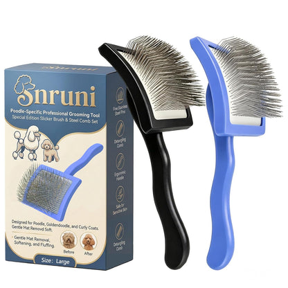 3PCS Slicker Brush for Dogs Set, 2 Professional Dog Grooming Brushes with 1 Stainless Steel Comb for Goldendoodles, Poodles & Labradoodles, Removes Mats, Knots & Loose Hair (Large, Blue&Blue)
