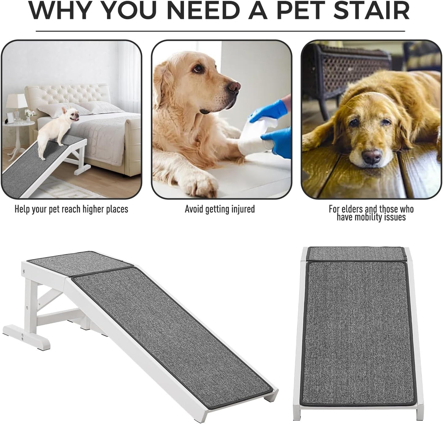 MEWANG Dog Ramp for Bed - Pet Ramp for Dogs with Non-Slip Carpet and Top Platform - 49.2" Long Dog Ramps for Small and Medium Dogs - Dog Ramp for Couch, Bed or Sofa - 49.2" x 15.7" x 14", White