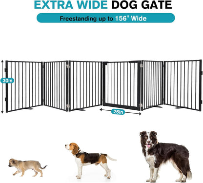 Snagle Paw Extra Wide Dog Gate,Free Standing Dog Fence with Door, Up to 104 Inch Wide Pet Gate with Support Feet for Stairs, Hallways, Doorways, Yard (Black, 4 Panels)