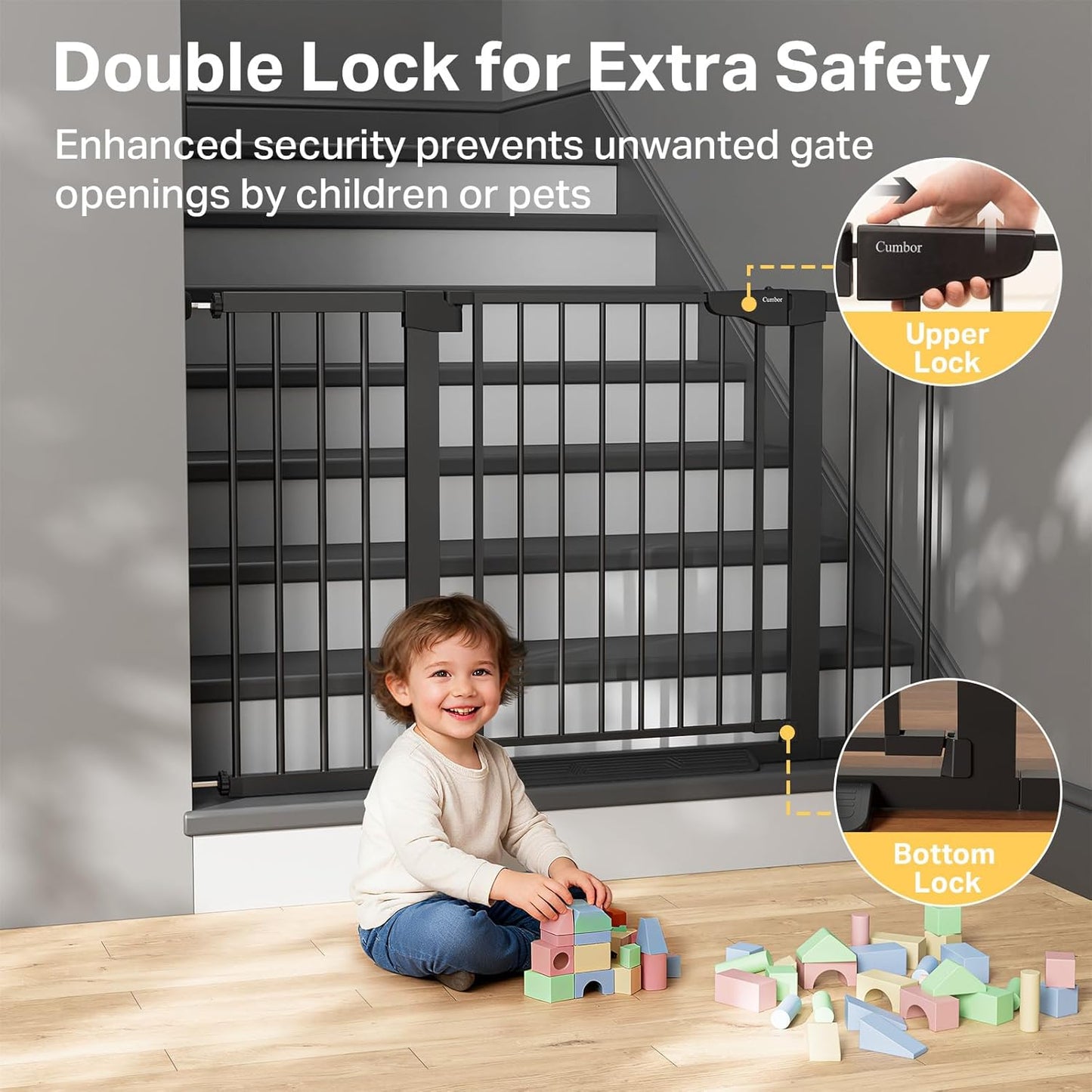 Cumbor 36.6-64" Extra Wide Baby Gate for Stairs, Dog Gates for Doorways, Auto-Close Pet Gate Indoor, Pressure Mounted Walk Through Safety Child Gate for Kids Toddler, Tall Pet Puppy Fence Gate, Brown