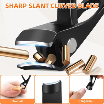 Toenail Clippers for Seniors Thick Toenails, Upgrade Angled Head Large Toe Nail Clippers for Men with Wide Jaw Opening, Sharp Heavy Duty Fingernail Clipper Cutter with Catcher Long Handle -Black