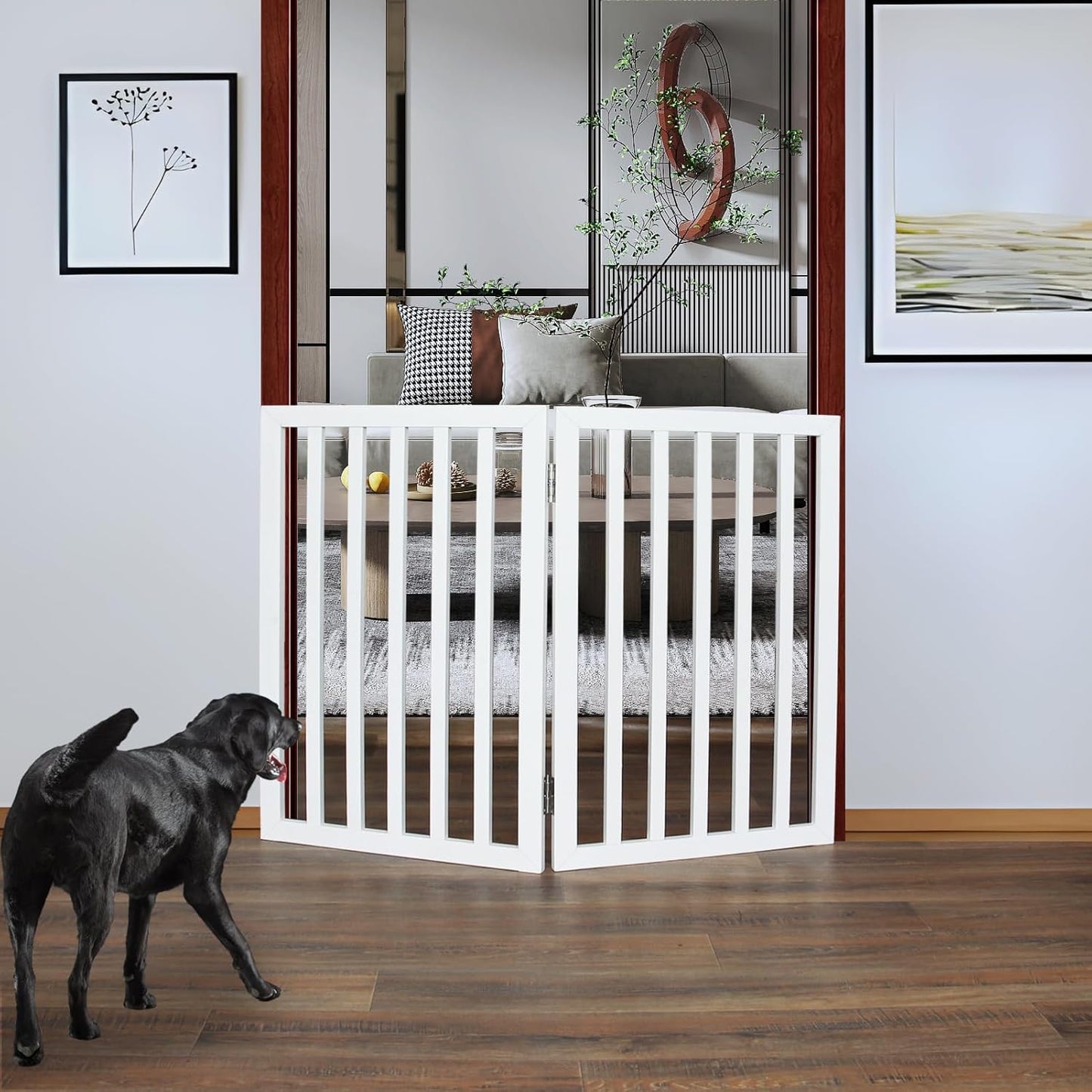 ZJSF Freestanding Indoor Dog Gate for House Foldable Wood Brown Puppy Gate for Doorways Pet Gate for Stairs Extra Wide Pet Fence 24" Height 2 Panels