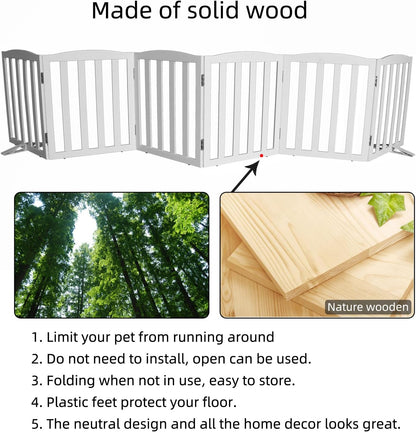 Freestanding Dog Gate Indoor,Doggie Gate Foldable Dog Gates for Doorways,Stairs or Hallways, Wooden White Pet Gate for the House, Pet Fence with Support Feet Included,24 "Height-4 Panels