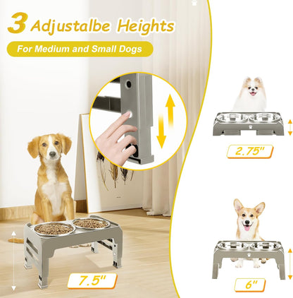 Elevated Raised Dog Bowl Stand with 2 Stainless Steel Bowls, Adjustable Height for Medium Large Dogs, 12.36" - 3.7" Foldable Feeder, Grey