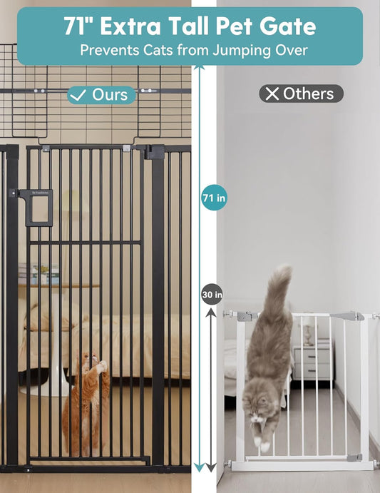 No Pawblems Upgraded 71" Extra Tall Pet Gate for Cat, 29-43" Auto Close Cat Gate for Doorways/Stairs/Hallways, NO Drilling Pressure Mounted, 1.37" Pet-Safe Gap (Black, 71" Tall, 29-43" Wide)