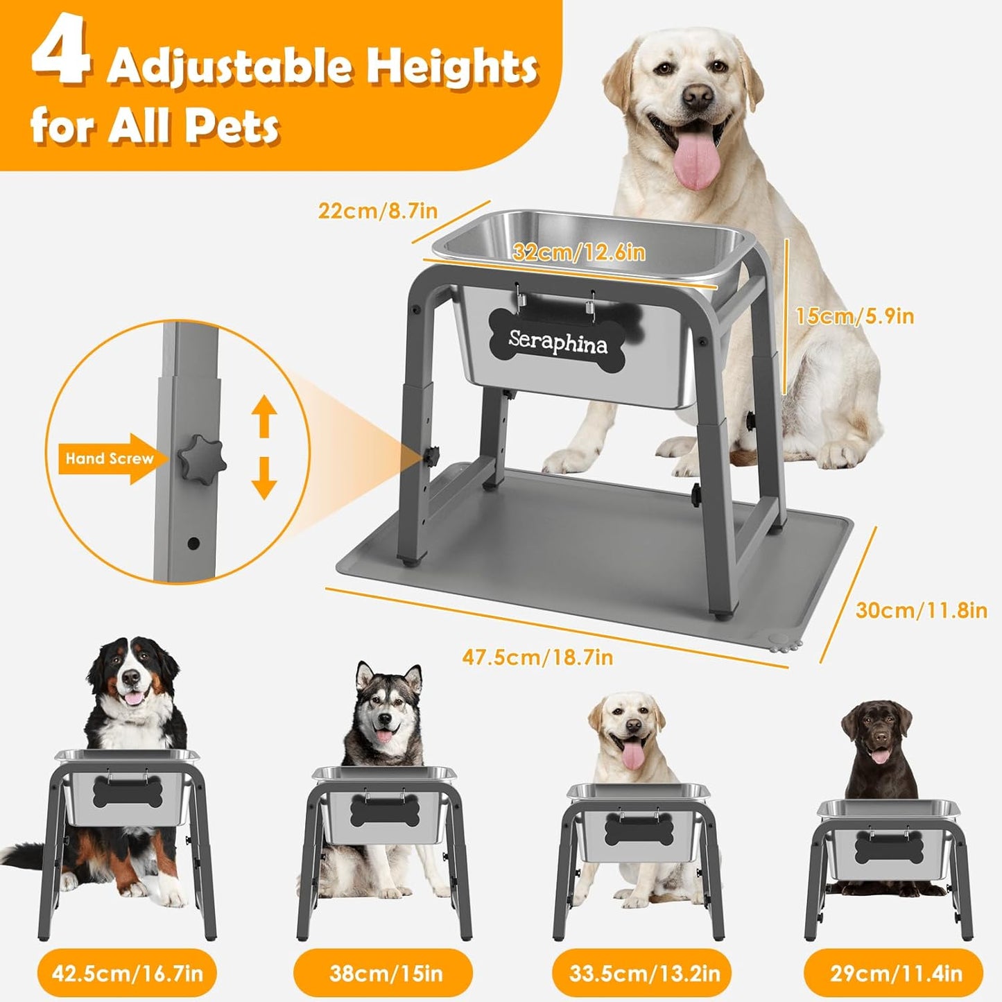 1.2 Gallon Elevated Large Dog Water Bowl with Mat, 4 Height Adjustable 12-17", Raised Dog Water Bowl Stand for Large Breed