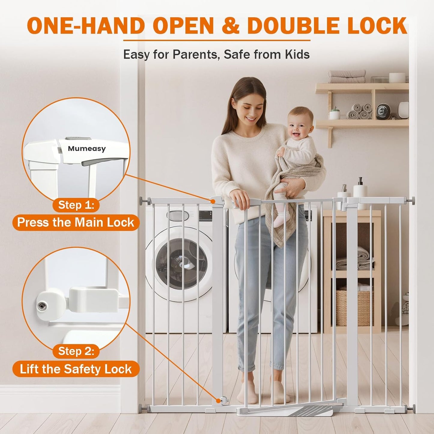 Mumeasy Baby Gate Extra Wide, 29.7-51'' Pressure Mounted Dog Gate with Walk Thru Door, Auto Close Pet Gate for House, Stairs, Doorways,Black