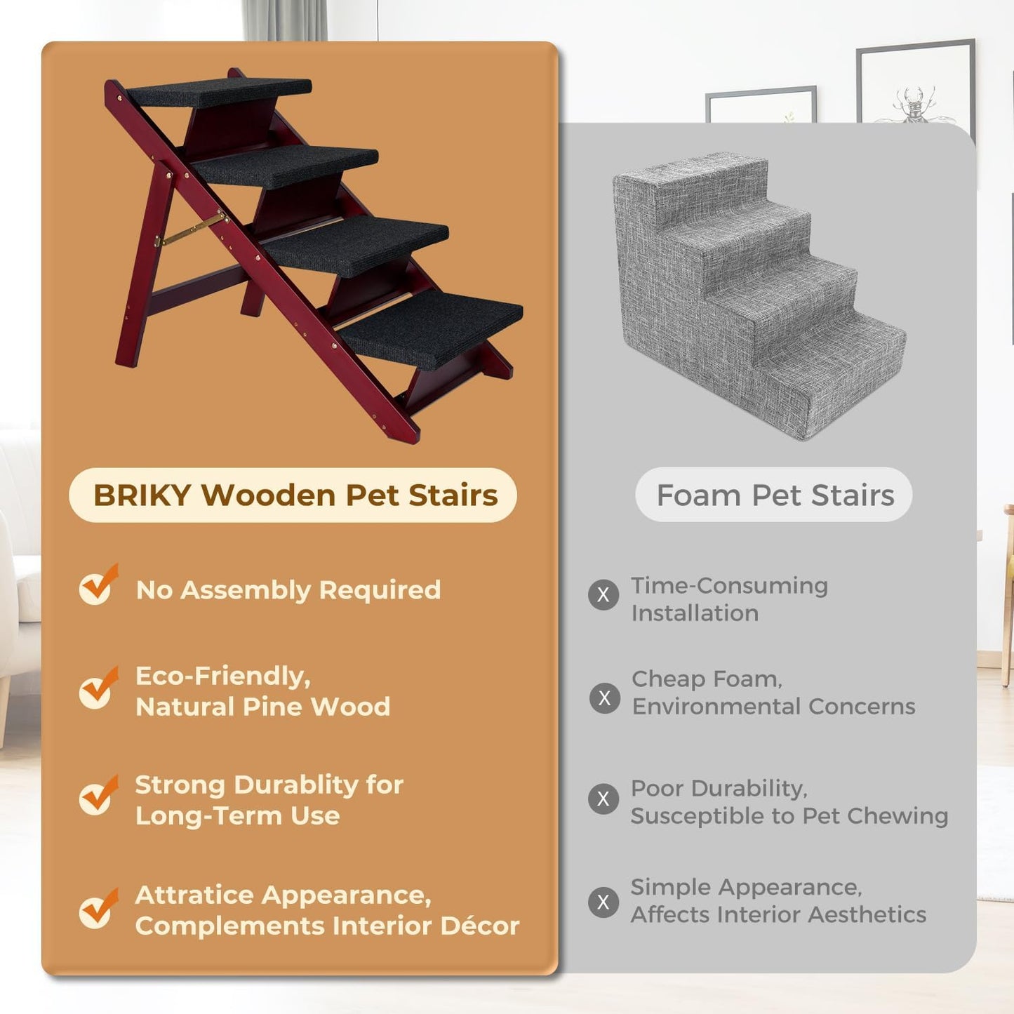 BRIKY Wooden Dog Stairs/Steps 19.5”H - Foldable 3 Steps Dog Steps for High Bed Couch Cars, Non-Slip Pet Stairs for Small Large Medium Dogs and Cats, No Assembly Required