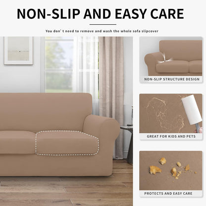 Easy-Going 100% Dual Waterproof 4 Pieces Stretch Soft Couch Cover for Dogs, Sofa Slipcover for 3 Separate Cushion Couch Leakproof Furniture Protector for Kids, Pets Dark Gray
