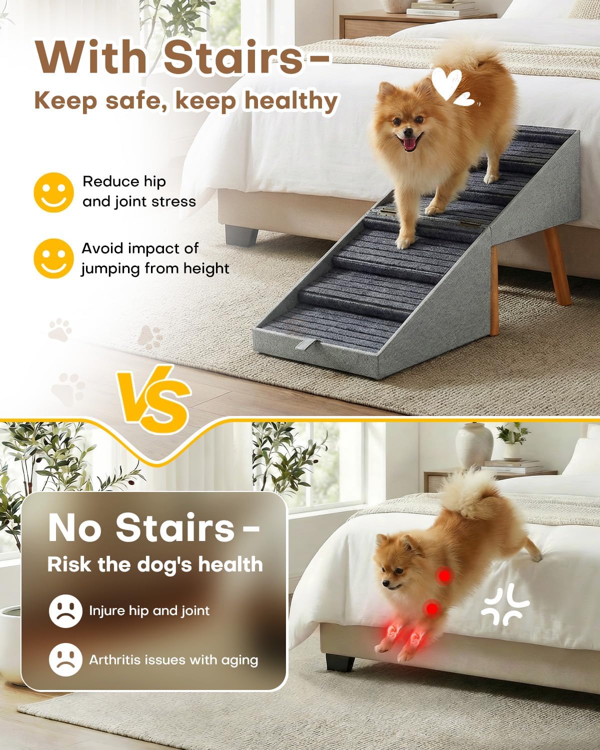 Dog Ramp for Bed & Couch, Dog Stairs 21.06 inches High for Large/Medium/Small Doggie, Foldable 2 in 1 Wooden Pet Steps for Puppy Older and Injured Dogs, Split Ottoman Design, No-Slip Surface