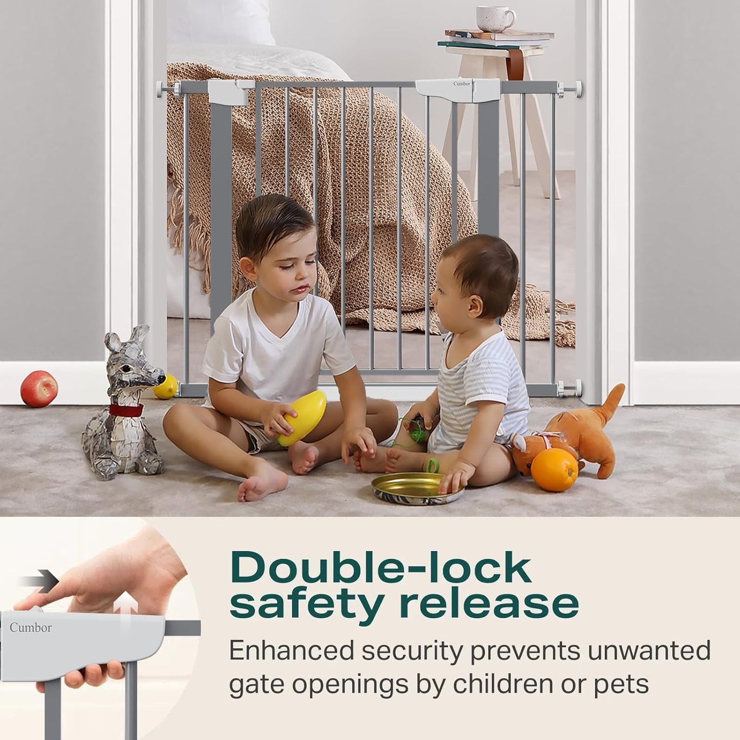 Cumbor 36.6-64" Extra Wide Baby Gate for Stairs, Dog Gates for Doorways, Auto-Close Pet Gate Indoor, Pressure Mounted Walk Through Safety Child Gate for Kids Toddler, Tall Pet Puppy Fence Gate, Brown