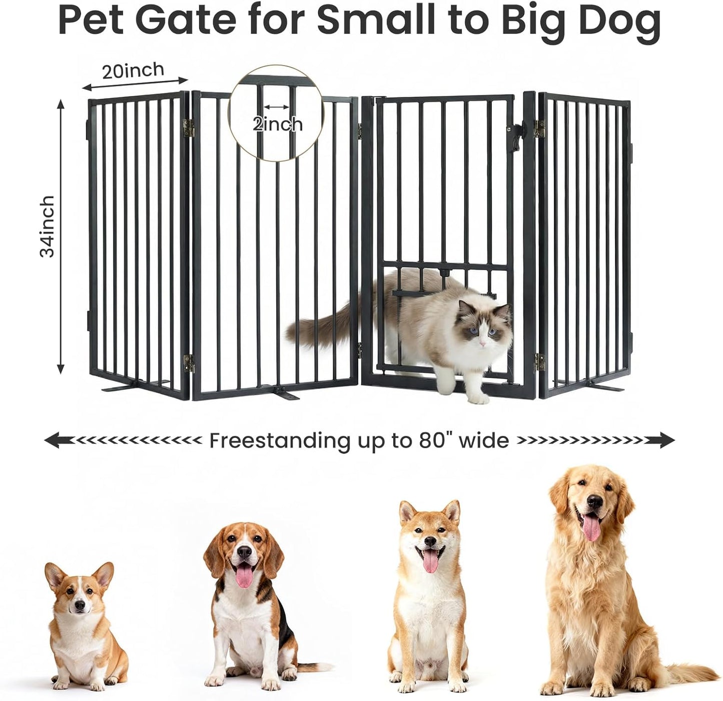 Metal Freestanding Dog Gate with Cat Door for Outdoor Indoor,80" Extra Wide Foldable Pet Fence,30" Tall Dog Gate for Large Opening,Stairs,Hallways,Doorways,Deck,Yard,with 3PCS Support(4 Panels,Black)