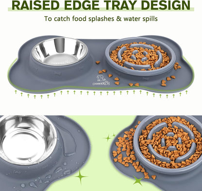 Pecute Slow Feeder Dog Bowls to Slow Down Eating, Dog Bowl Slow Feeder with No-Spill Non-Skid Silicone Mat, Food-Grade Safe Dog Food Bowls Slow Feeder, Stainless Steel Dog Water Bowl for Dogs Cats