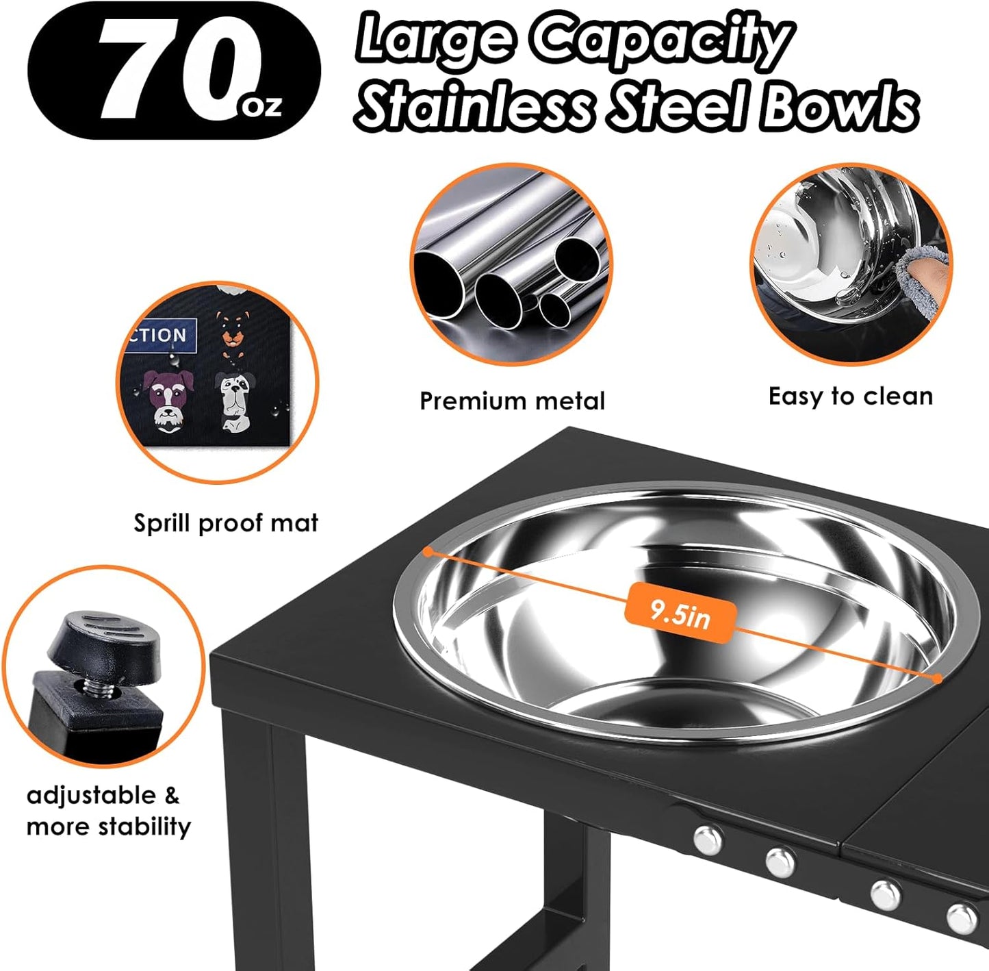 ADENGL Metal Raised Dog Bowl, 10" Tall Elevate Dog Feeder Stand with 2 Stainless Steel 42oz Bowls & 16x24 Non-Slip Mat – Stronger Dogs Food & Water Bowl Stand (Black)