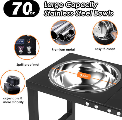 ADENGL Metal Raised Dog Bowl, 10" Tall Elevate Dog Feeder Stand with 2 Stainless Steel 42oz Bowls & 16x24 Non-Slip Mat – Stronger Dogs Food & Water Bowl Stand (Black)