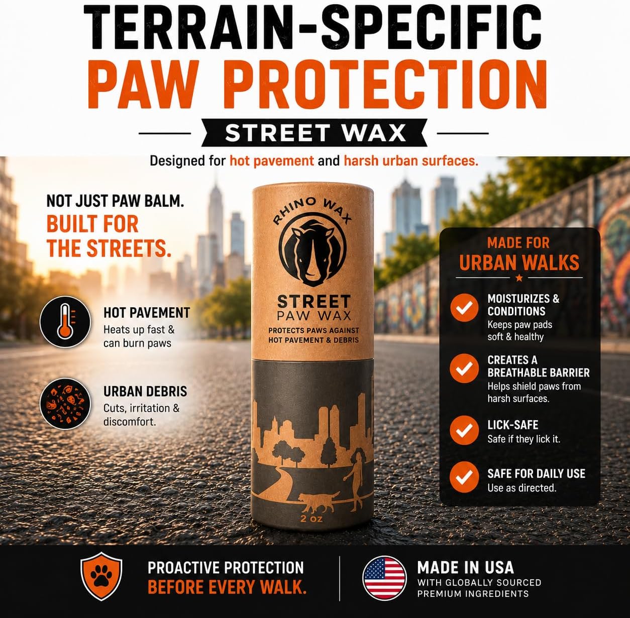 Rhino Wax - Dog Paw Protector for Hot Pavement - Use Street Wax Before Taking Dogs on Asphalt - Balm Protects from Warm Surfaces Rocks Road Debris - Great for Dogs who Hate Dog Shoes for Hot Pavement