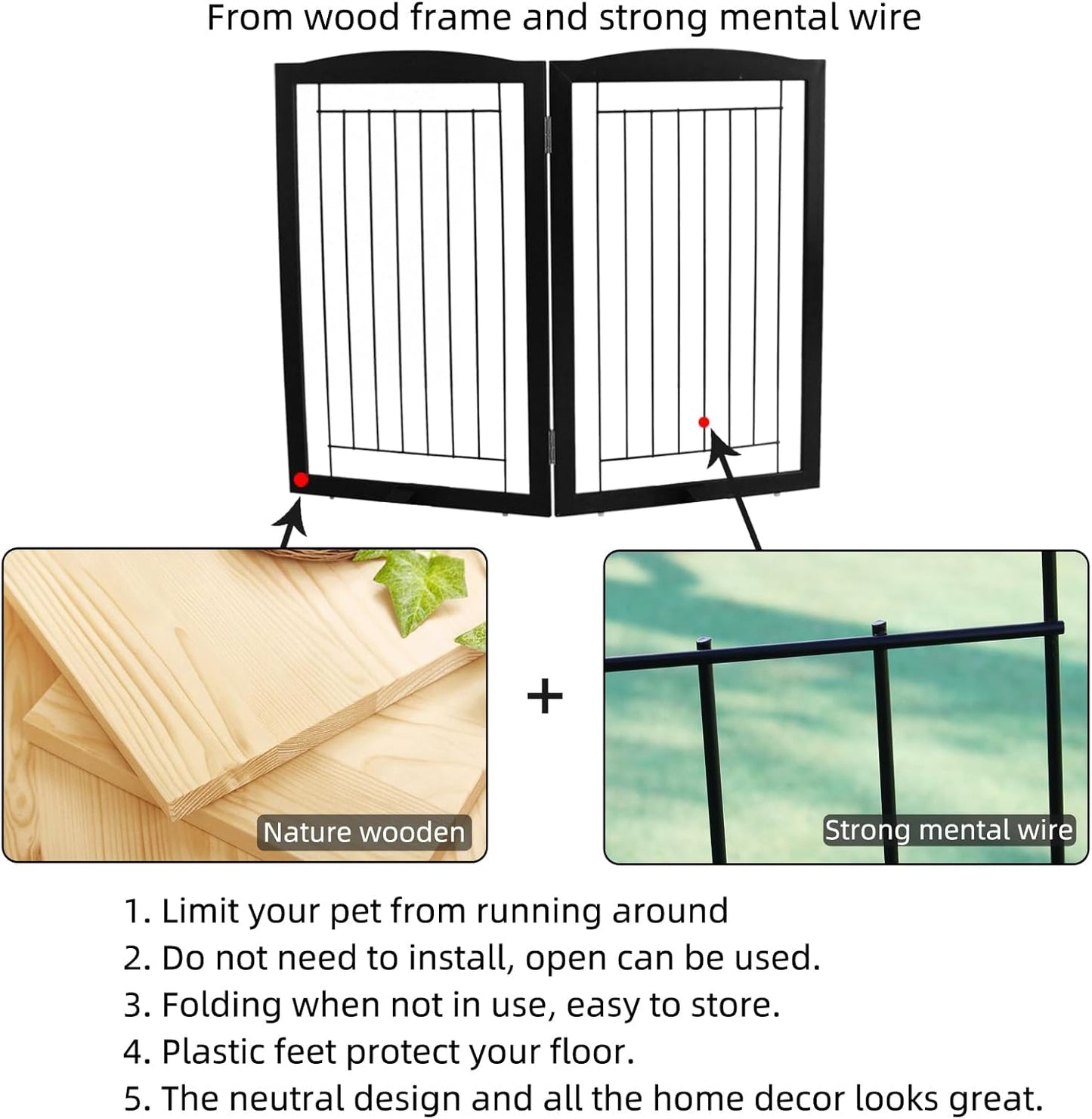 ZJSF Freestanding Foldable Dog Gate for House Extra Wide Wooden White Indoor Puppy Gate Stairs Doorways Pet Gate Tall Dog Fence 3 Panels Fence