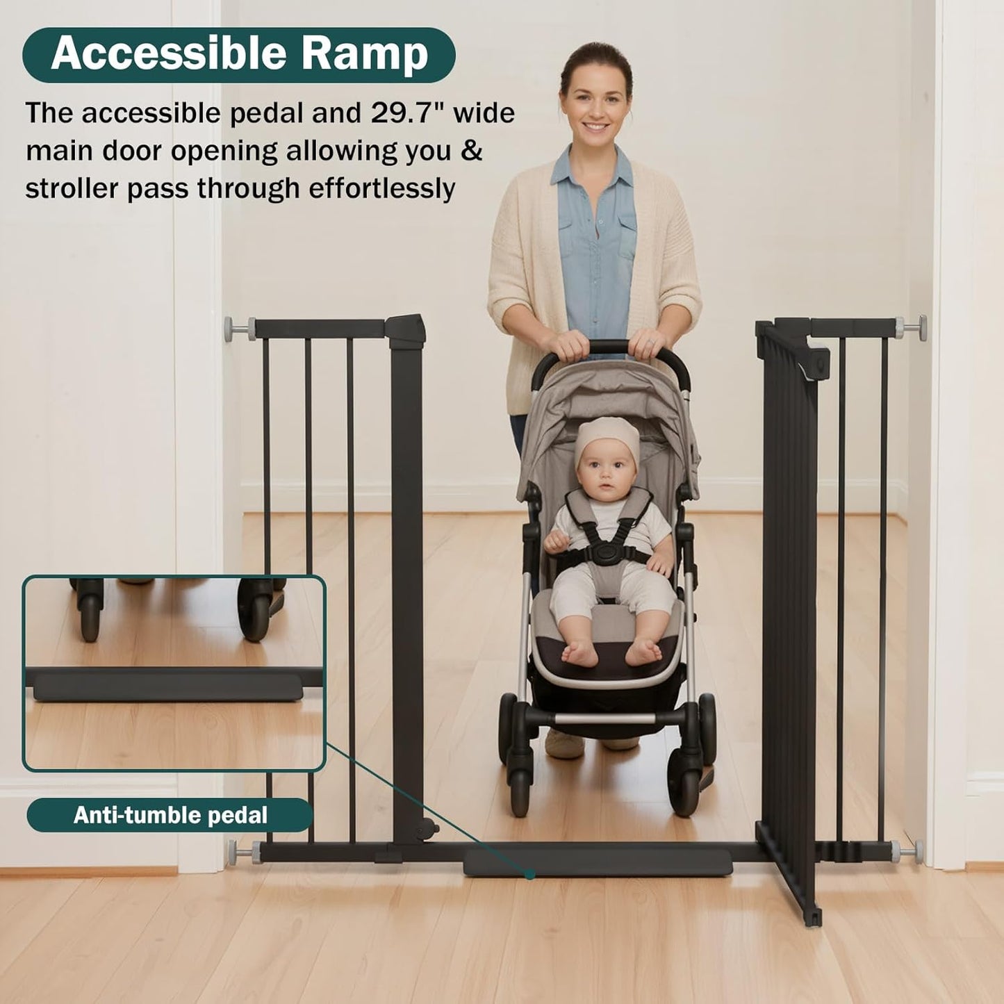 Mumeasy 29.7-46" Baby Gate for Stairs, Pressure Mounted Dog Gate for Doorways, Auto Close Walk Through Pet Gate Indoor, Extra Wide Metal Child Safety Gate, Mom's Choice Awards Winner, Black
