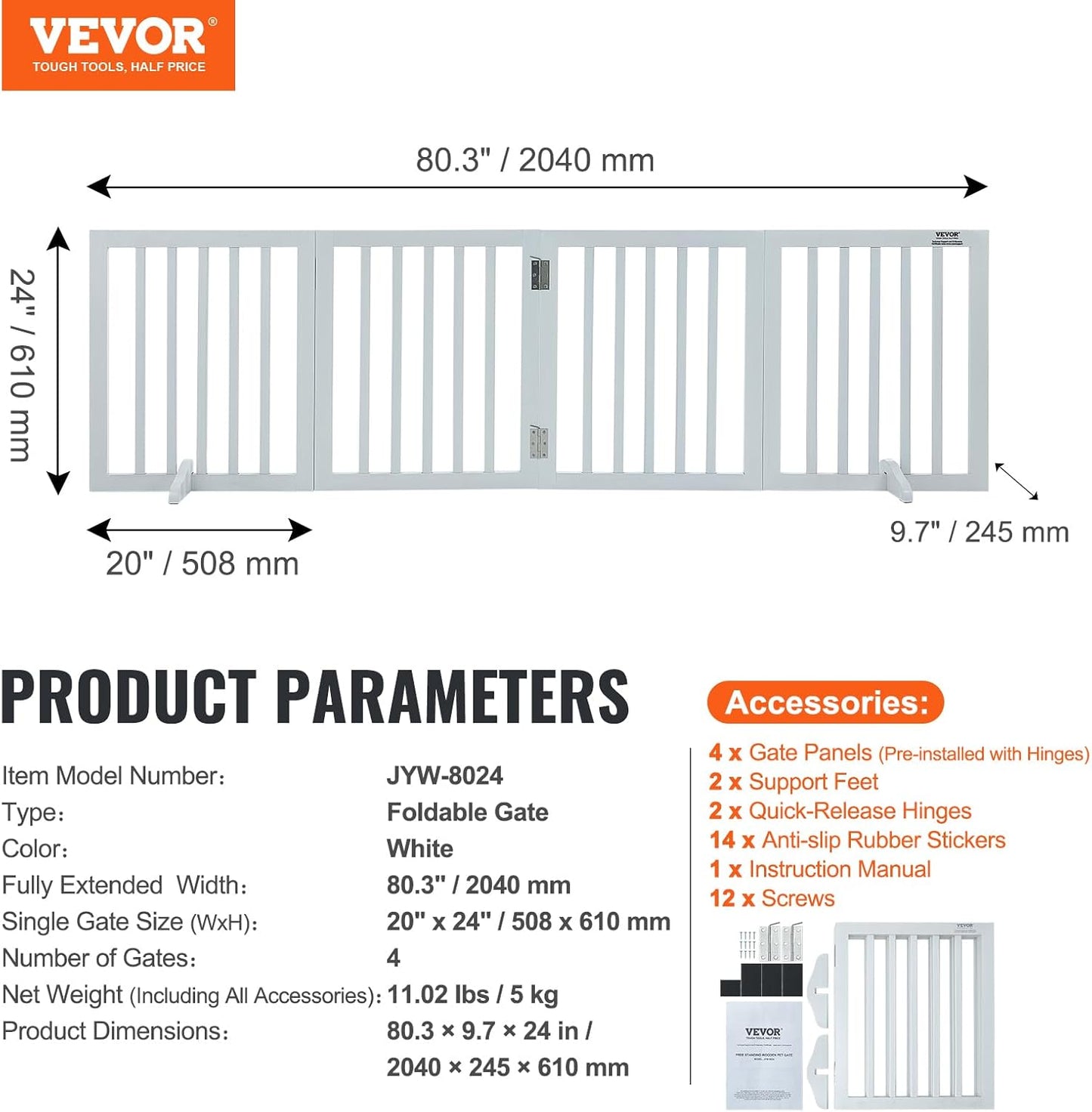 VEVOR Freestanding Pet Gate, Wooden 24" H x 80" W, 4-Panel Foldable Gate for Wide & Narrow Passageways, Expandable Dog Barrier with Silent Foot Support, White
