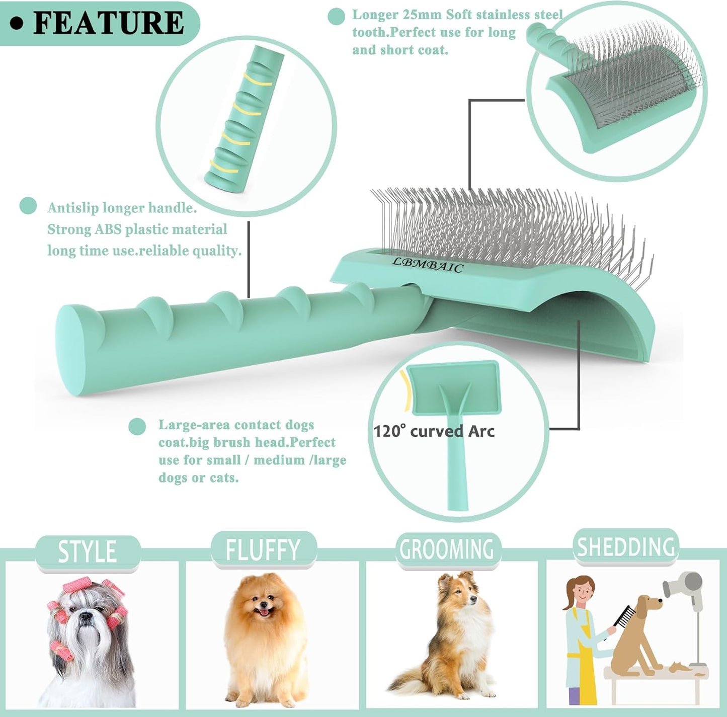Slicker Brush for Poodles and Goldendoodles - Curved Brush for Thick, Fluffy, Shedding Fur on Dogs and Cats - Soft, Gentle Pins for Grooming (Blue)