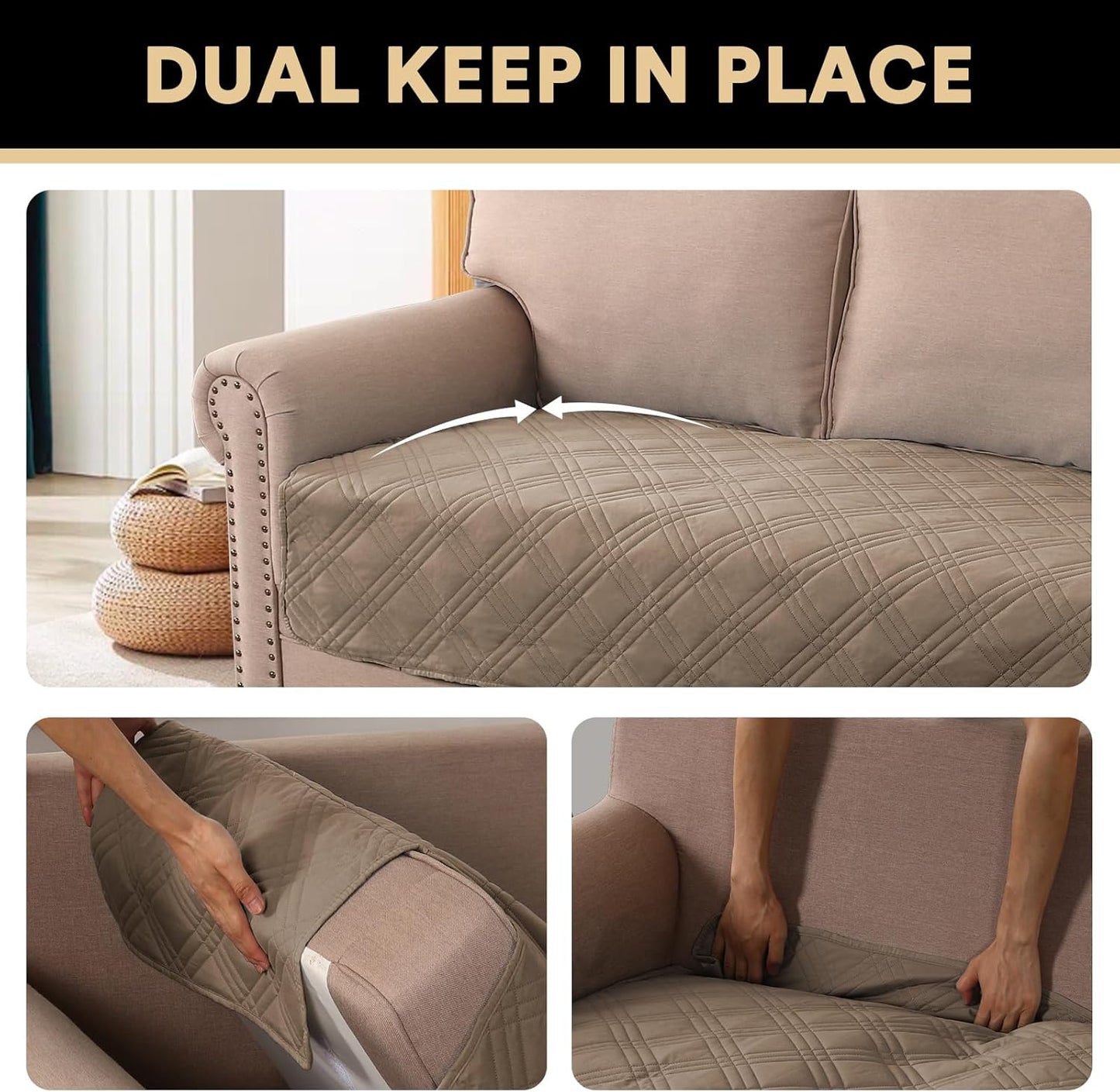 PrinceDeco 100% Waterproof Couch Cover for 3 Cushion Couch Sofa Pet Friendly Non-Slip Couch Cover for Dogs Washable Water Resistant Furniture Protector with Elastic Straps(Sofa 68", French Oak)