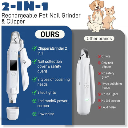 Dog Nail Clippers with Light, 2-in-1 Cat Nail Clippers - Electric Rechargeable Pet Nail Grinder Trimmer with LED Light & Safety Guard, Cordless for Small Medium Dogs Cats