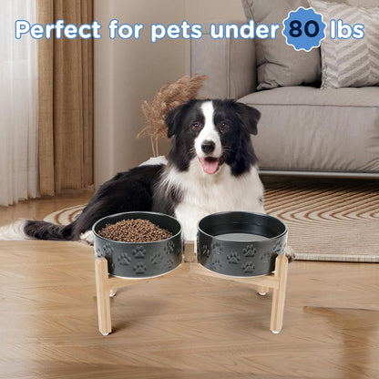 SPUNKYJUNKY Elevated Dog Bowls Ceramic, 6.1'' Dogs and Cat Food Water Bowls Raised with Non-Slip Bamboo Stand for Medium Sized Breed Microwave Dishwasher Safe - 28.7 OZ,Beige