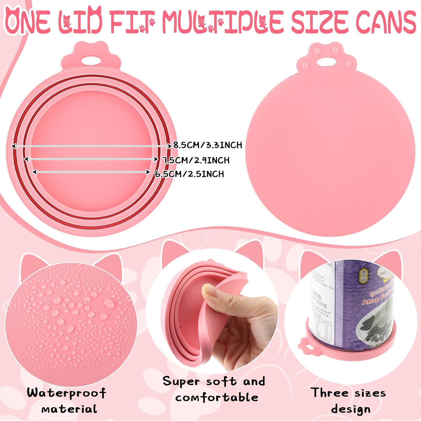 Uiifan 8 Pcs Cat Food Can Covers Lids Set, Silicone Pet Food Can Lids with Multi-Function Cat Foods Spoon and Opener, Silicone Wet Foods Spoon for Cats and Dogs(Pink)