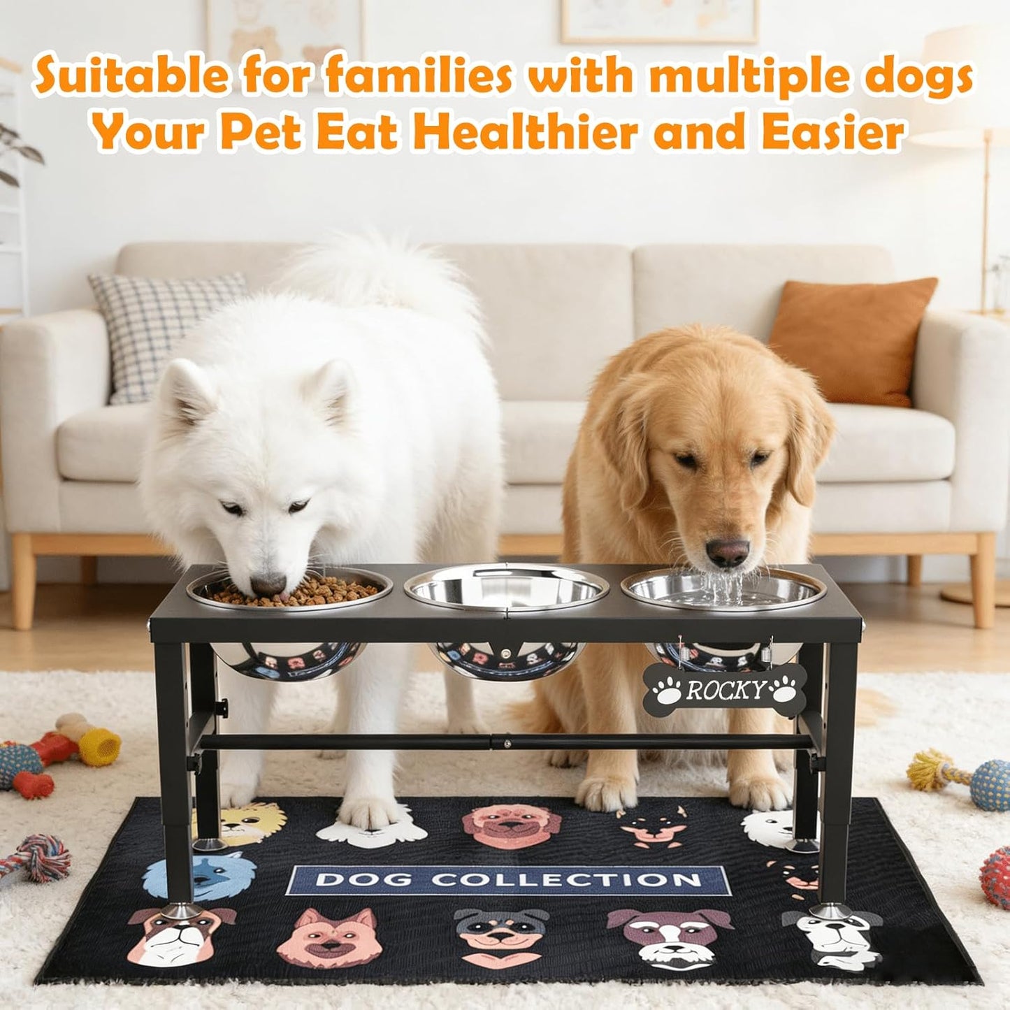 ADENGL Metal Raised Dog Bowl, 10" Tall Elevate Dog Feeder Stand with 2 Stainless Steel 42oz Bowls & 16x24 Non-Slip Mat – Stronger Dogs Food & Water Bowl Stand (Black)