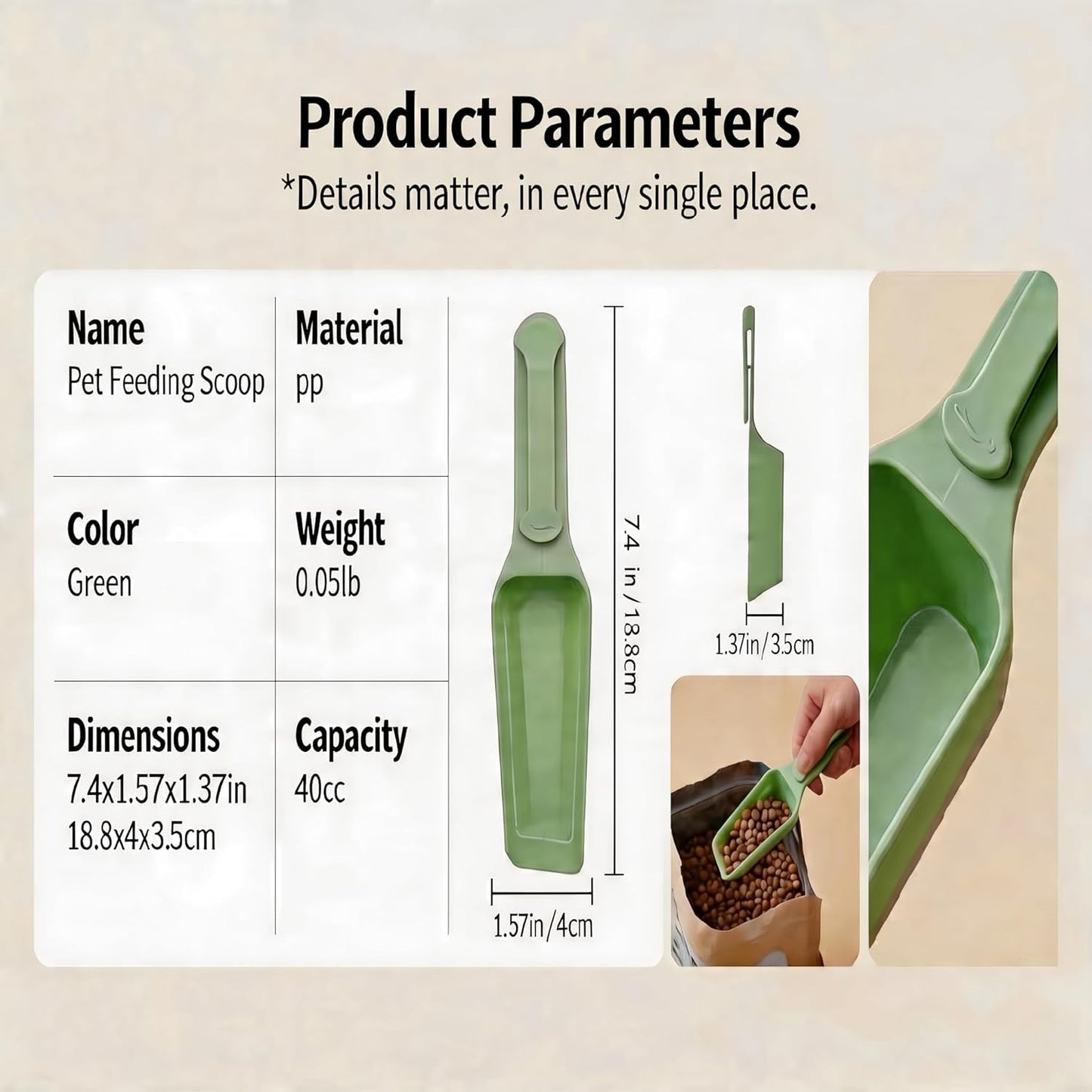 Pet food scoop and bag clip, multi-functional dog and cat food measuring spoon and spatula, capacity 100 grams (3.5 ounces), long-handled food sealing clip, 7.48 x 1.57 inches, green