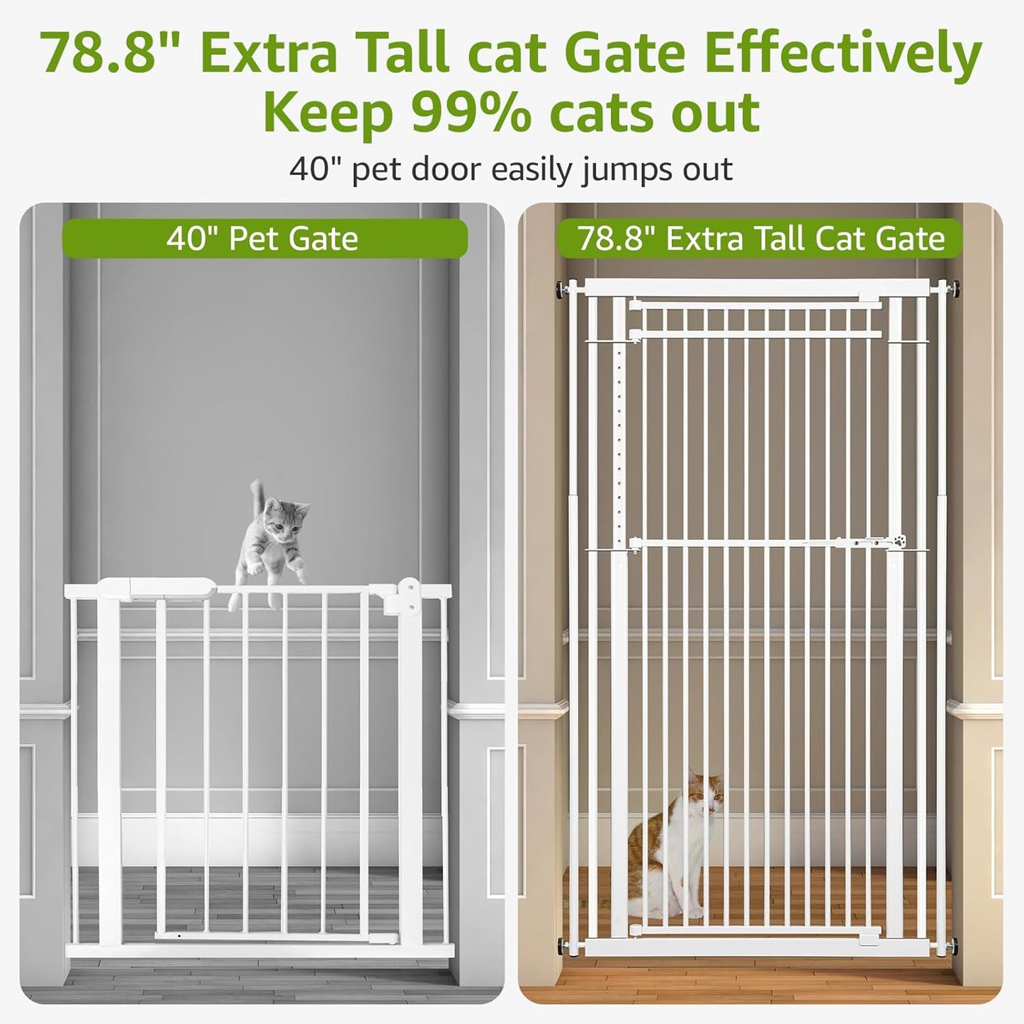 78.8" Extra Tall Cat Gate, 32.8-37.4" Wide Tall Dog Gate for Doorways/Hallways, NO Drilling Pressure Mounted Pet Gate for Stairs, Studio, Kitchen (White)