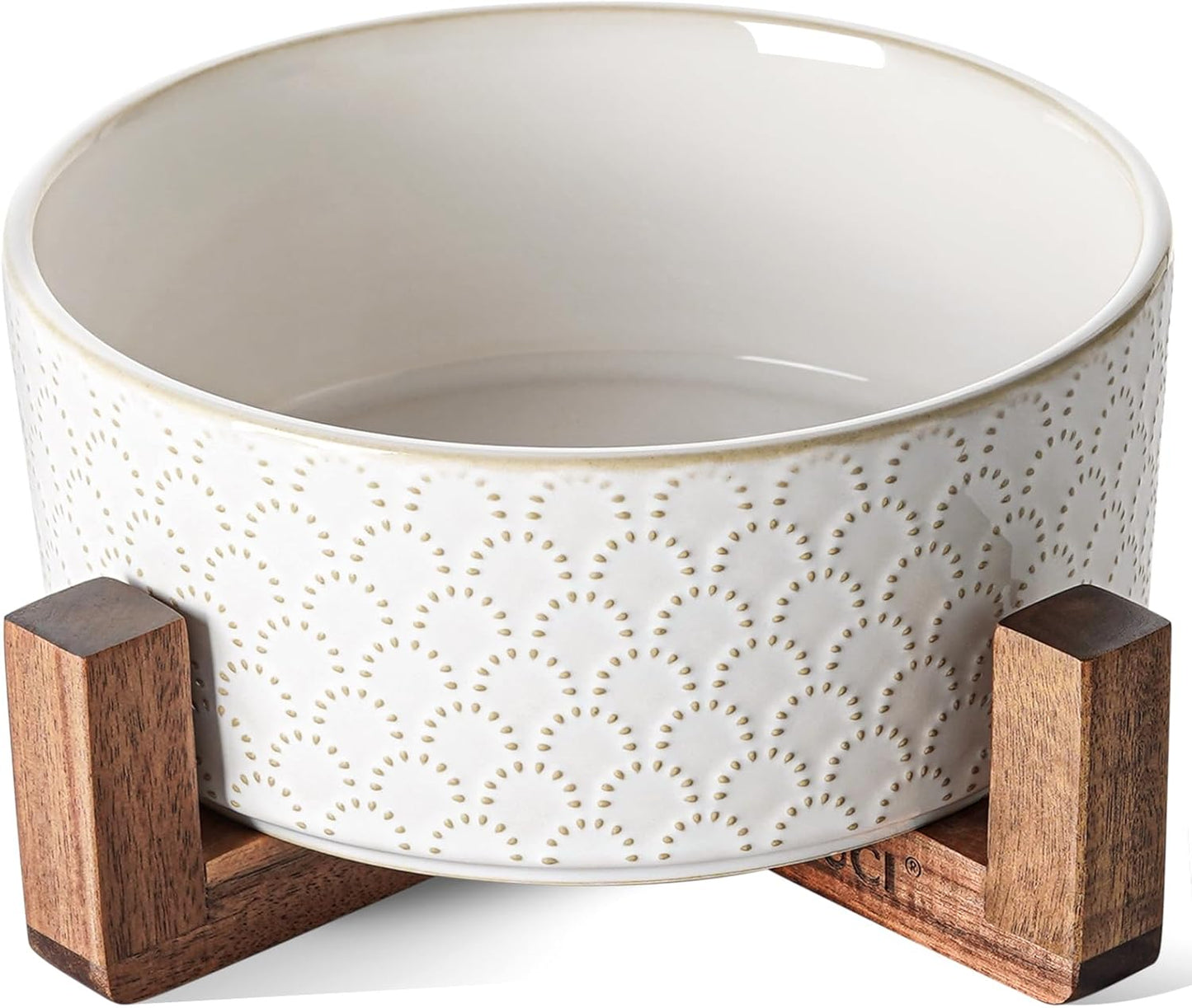 LE TAUCI Dog Bowl Set with Acacia Wood Stand - 1.5-Cup Ceramic Puppy Bowls for Small Dogs, Dual Food and Water Bowls with Weighted Non-Slip Base