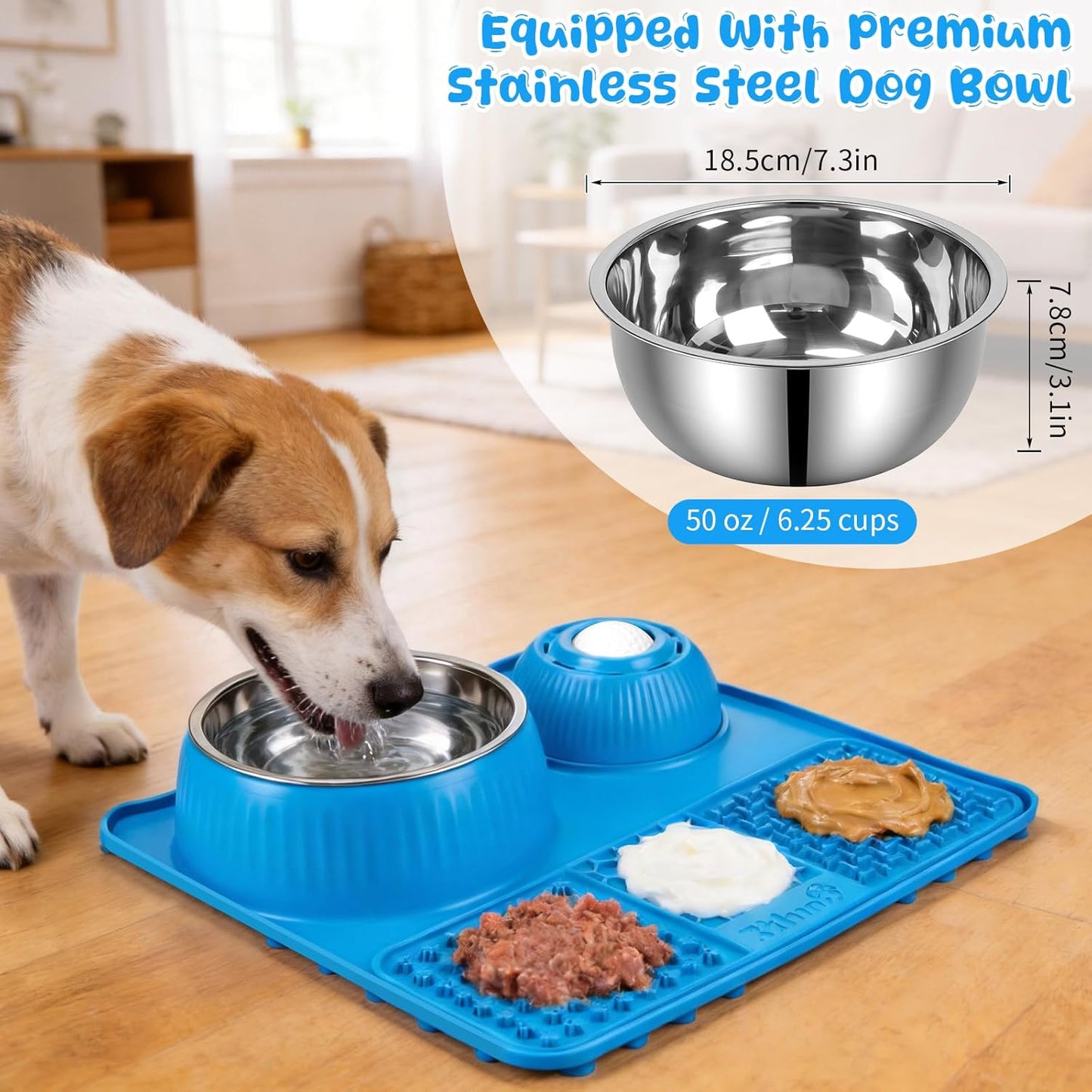 Dog Lick Bowl with Rolling Ball for Liquid and Thick Treat—3 in 1 Slow Feeder Dog Bowls+Lick Mat+50oz Stainless Steel Food Bowl,Anti-Slip 5/6 Cup Licking Toy for Medium Large Dogs and Cats Grey