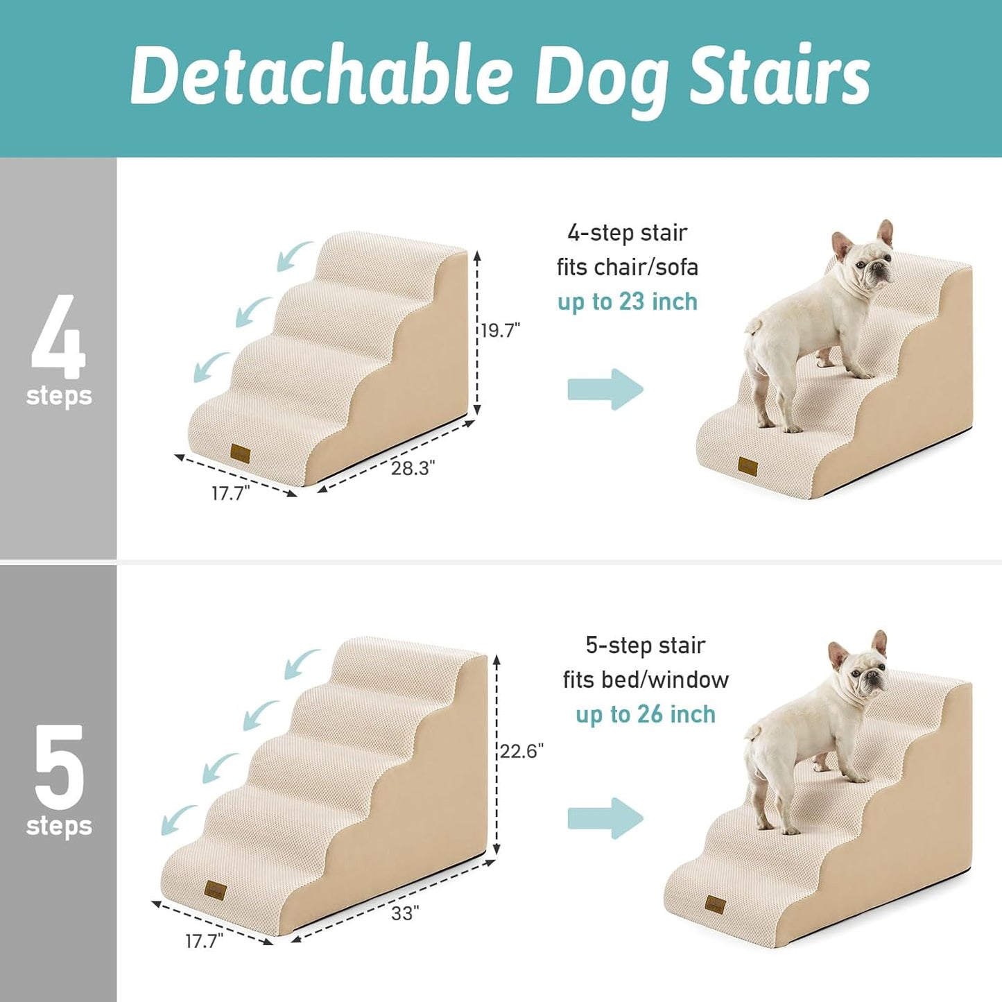 COZY KISS Extra Wide Dog Stairs with Tunnel, Foam Detachable Large Dog Step for Small Pet, Puppy or Cats, Medium Pet Ramp for High Bed, Couch, Sofa or Car, 19.7x33x22.4 inch, 5 Step, Beige