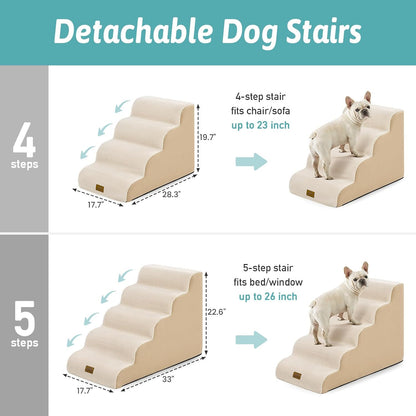 COZY KISS Extra Wide Dog Stairs with Tunnel, Foam Detachable Large Dog Step for Small Pet, Puppy or Cats, Medium Pet Ramp for High Bed, Couch, Sofa or Car, 19.7x33x22.4 inch, 5 Step, Beige